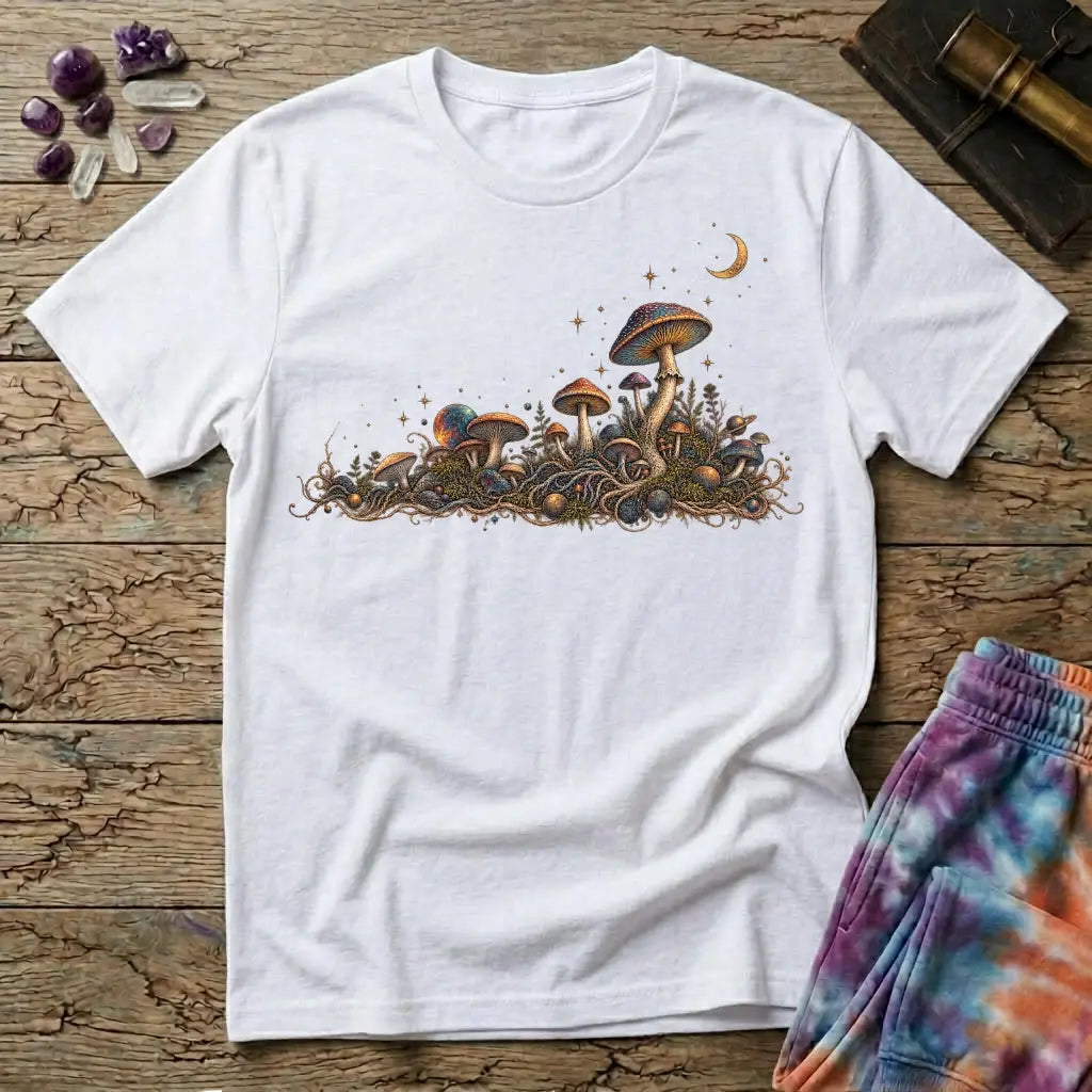 Horizon of iridescent mushrooms and tangled roots under a crescent moon, on a White unisex t-shirt