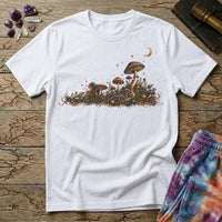Horizon of iridescent mushrooms and tangled roots under a crescent moon, on a White unisex t-shirt
