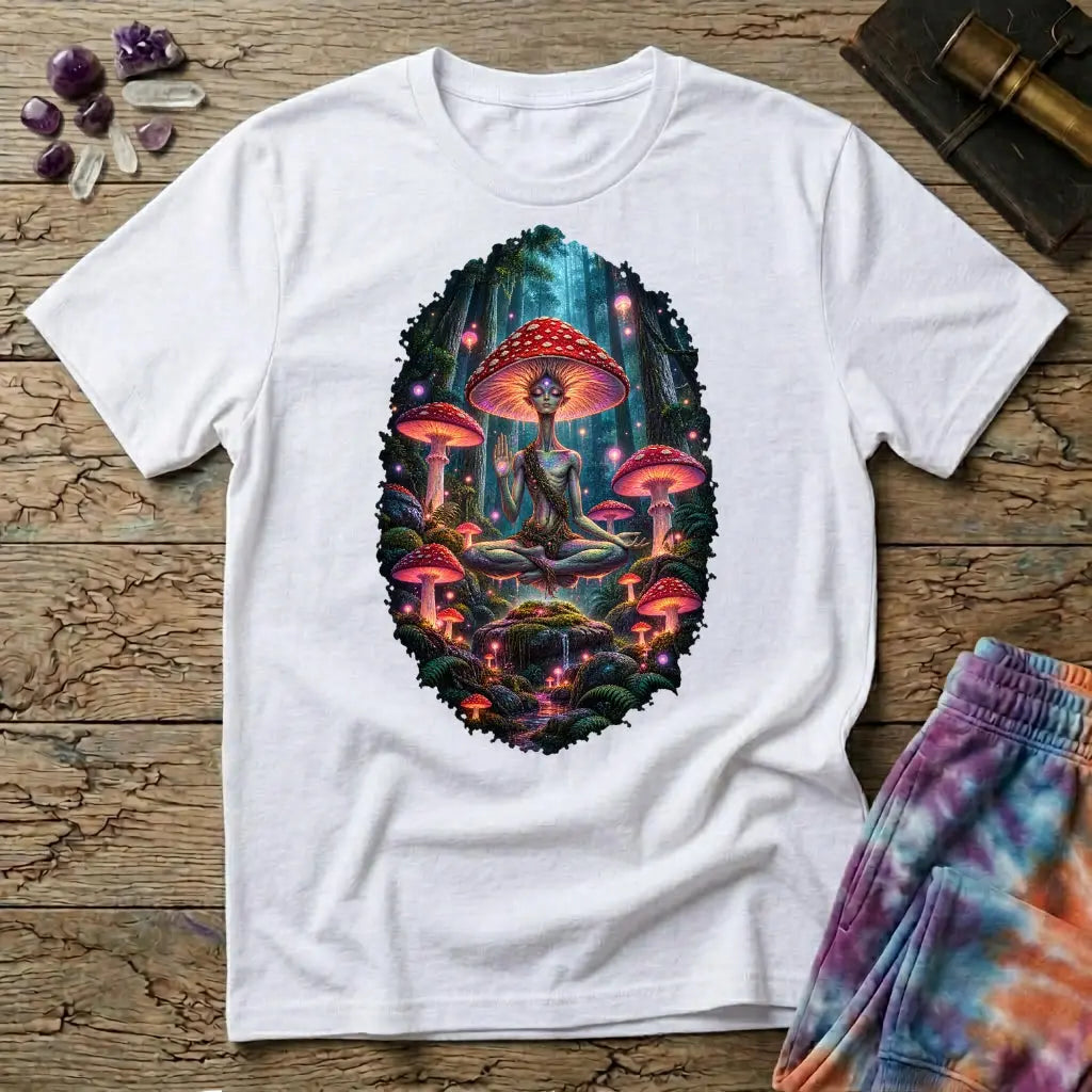 Amanita-crowned figure meditating in a glowing mushroom forest, on a White unisex t-shirt