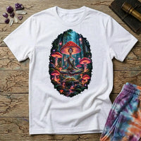 Amanita-crowned figure meditating in a glowing mushroom forest, on a White unisex t-shirt