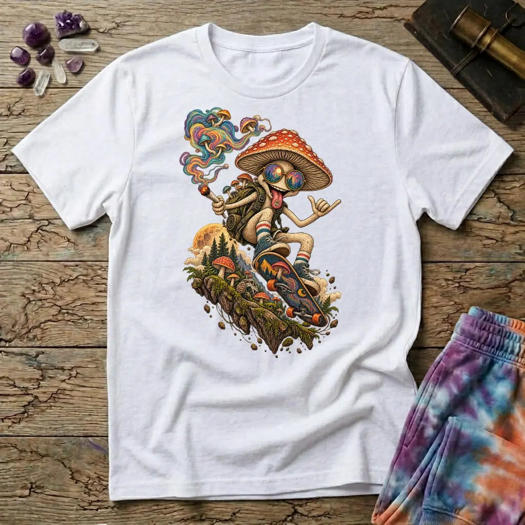 A sunglasses-wearing mushroom riding a skateboard past pines and a full moon, on a White unisex t-shirt