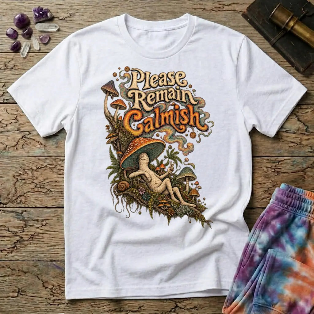 Please Remain Calmish retro lettering above a mushroom-capped character throwing a peace sign, on a White unisex t-shirt