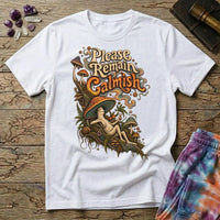 Please Remain Calmish retro lettering above a mushroom-capped character throwing a peace sign, on a White unisex t-shirt