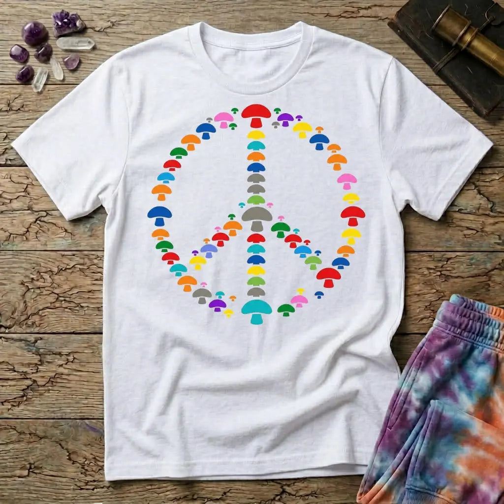 A peace sign made of small rainbow mushrooms, on a White unisex t-shirt