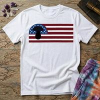 A black mushroom silhouette over an American flag of stars and stripes, on a White unisex t-shirt