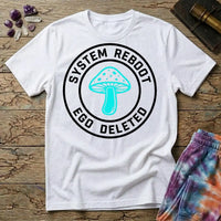 System Reboot Ego Deleted circular badge with a turquoise mushroom at its center, on a White unisex t-shirt