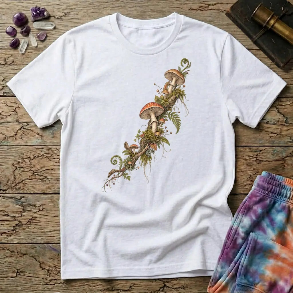 Amanita and moss climbing a branch on the diagonal, a botanical specimen study, on a White unisex t-shirt