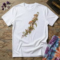 Amanita and moss climbing a branch on the diagonal, a botanical specimen study, on a White unisex t-shirt