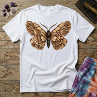 A moth with wings made of layered bracket mushrooms, on a White unisex t-shirt