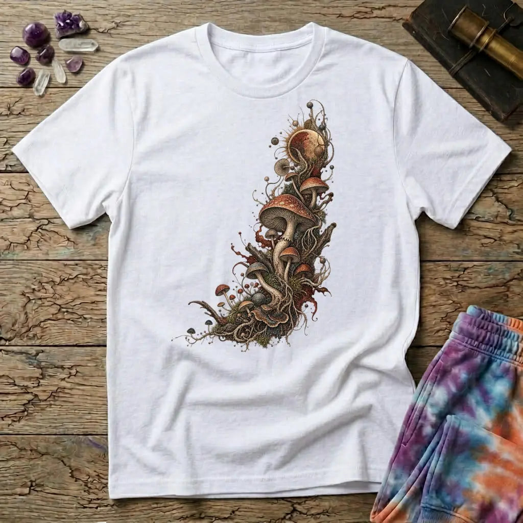 Asymmetric cluster of mushrooms, roots and moss beneath an eclipsed sun, on a White unisex t-shirt