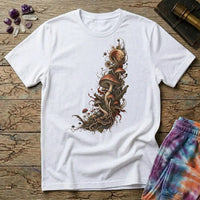 Asymmetric cluster of mushrooms, roots and moss beneath an eclipsed sun, on a White unisex t-shirt