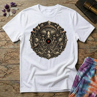 Ornate mushroom mandala ringed with moon phases and planets around a glowing red gem, on a White unisex t-shirt