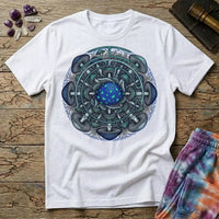 Circular blue and teal mushroom mandala ringed with mycelium threads, on a White unisex t-shirt