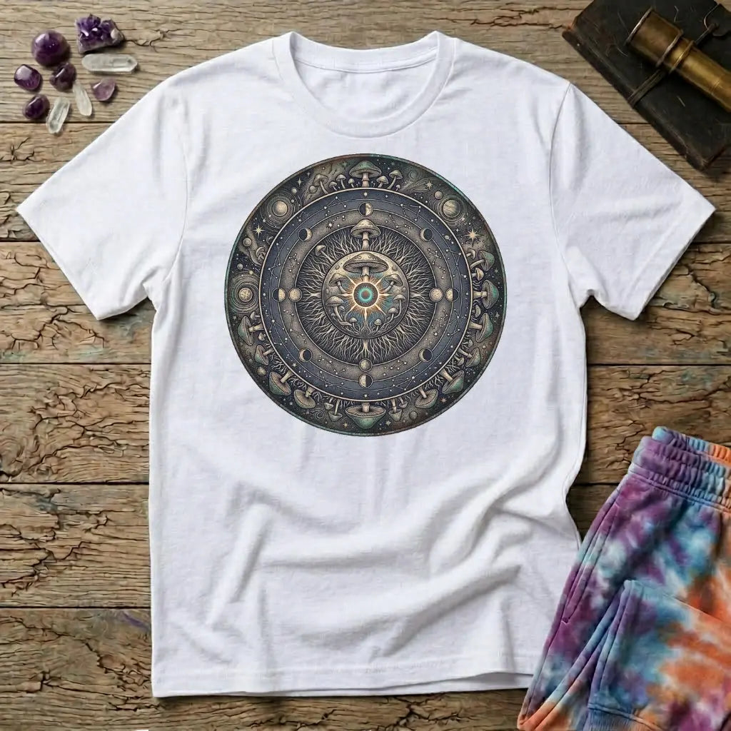 Tarnished bronze medallion of moon phases, constellations and mushroom caps around a glowing eye, on a White unisex t-shirt