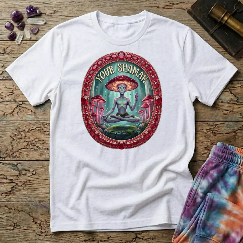Your Shaman meditating mushroom figure inside a ruby and gold frame, on a White unisex t-shirt