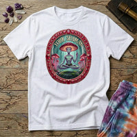 Your Shaman meditating mushroom figure inside a ruby and gold frame, on a White unisex t-shirt