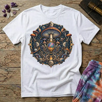 Cosmic mushroom mandala of moon phases, ringed planets and an opal orb, on a White unisex t-shirt