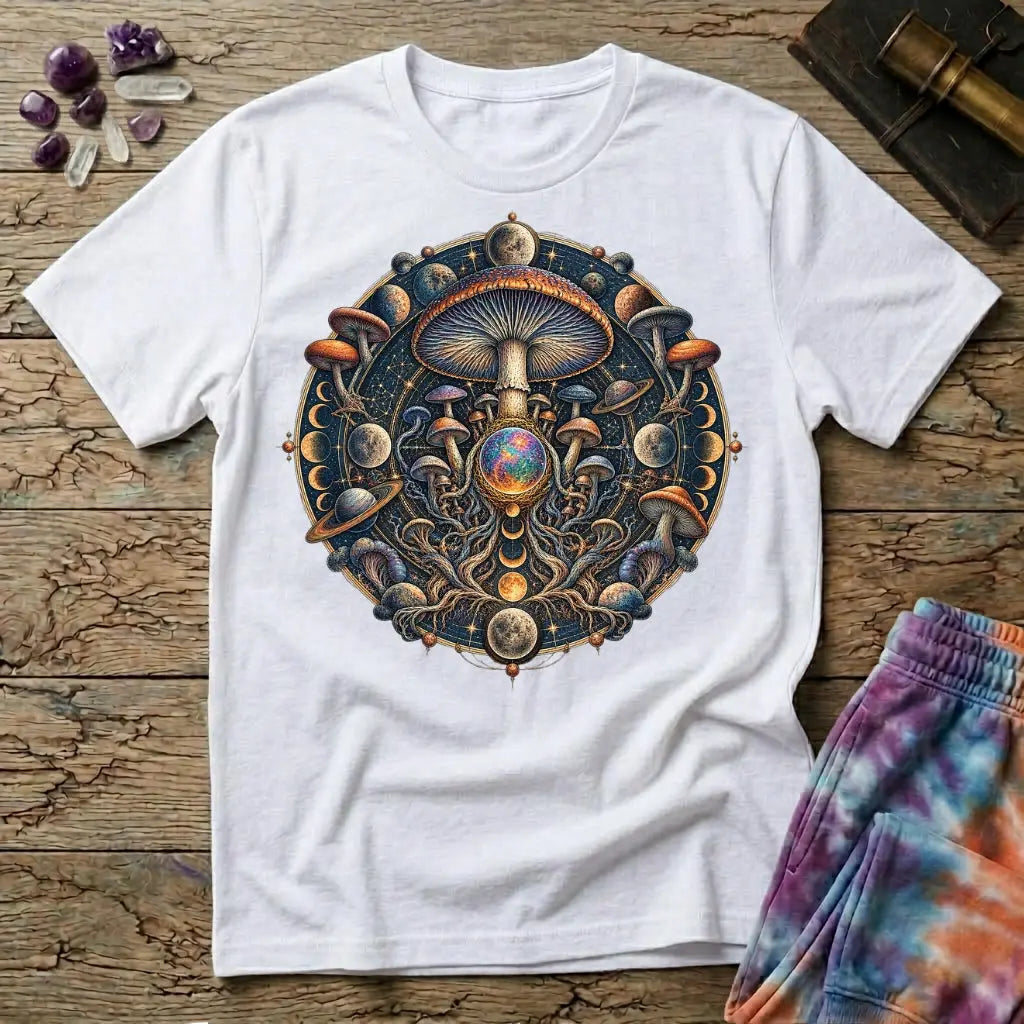 Cosmic mushroom mandala of moon phases, ringed planets and an opal orb, on a White unisex t-shirt