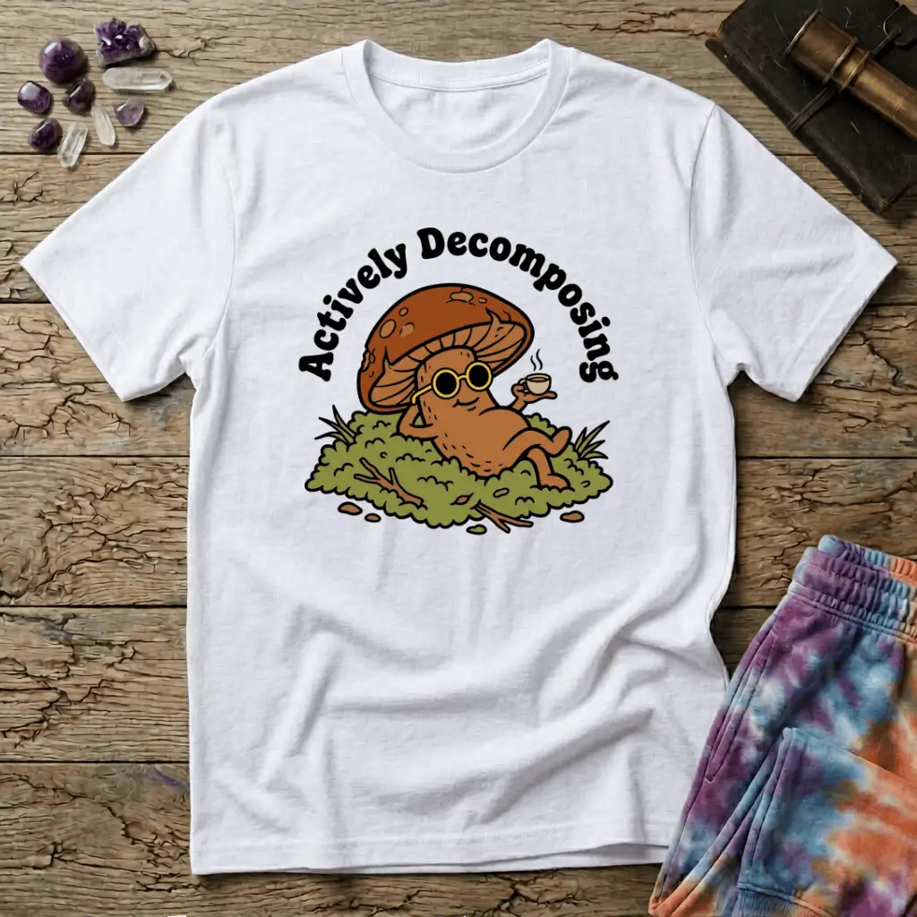 Mushroom in sunglasses kicked back on moss with a coffee, under Actively Decomposing lettering, on a unisex t-shirt