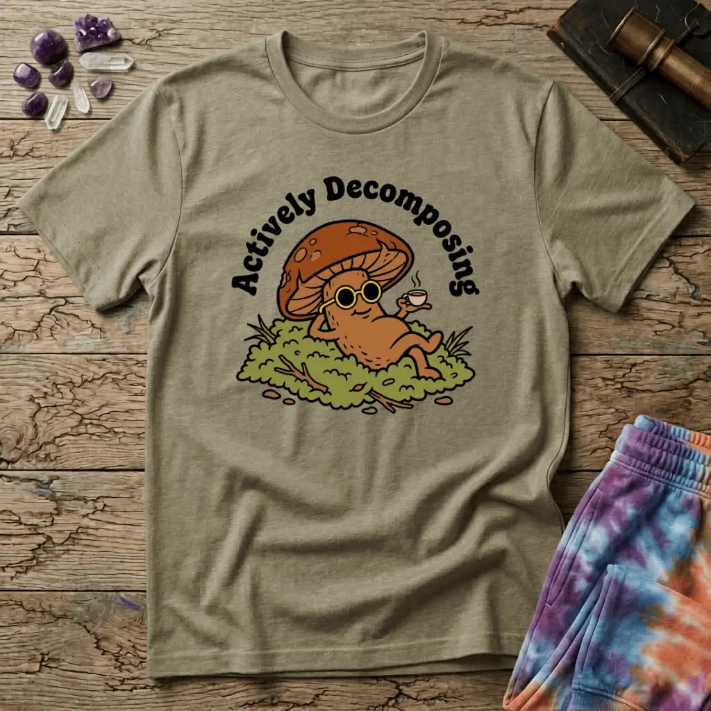 Mushroom in sunglasses kicked back on moss with a coffee, under Actively Decomposing lettering, on a unisex t-shirt