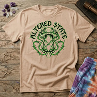 Jagged black mushroom wrapped in glowing green barbed wire under gothic Altered State lettering, on a unisex t-shirt