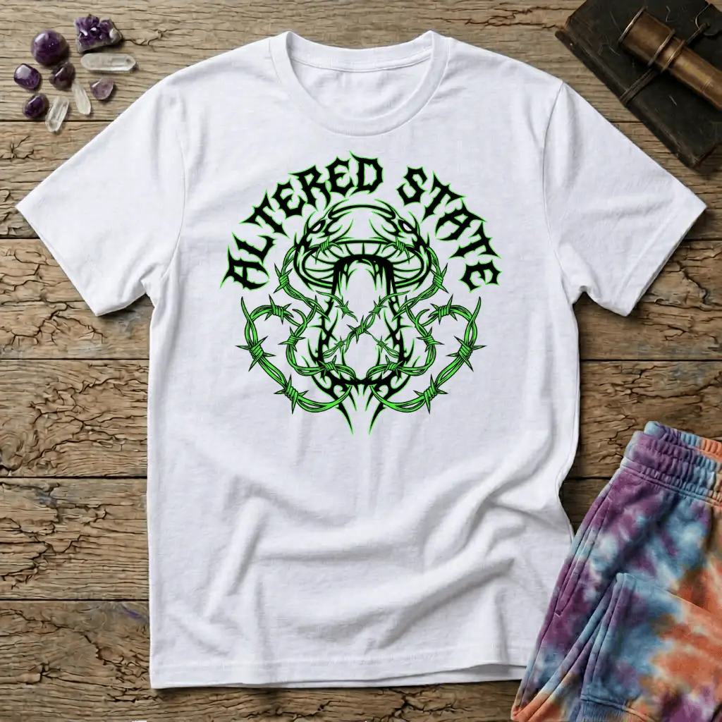 Jagged black mushroom wrapped in glowing green barbed wire under gothic Altered State lettering, on a unisex t-shirt