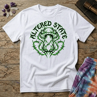 Jagged black mushroom wrapped in glowing green barbed wire under gothic Altered State lettering, on a unisex t-shirt