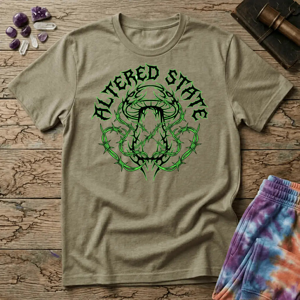 Jagged black mushroom wrapped in glowing green barbed wire under gothic Altered State lettering, on a unisex t-shirt