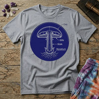 Vintage botanical diagram labeling a mushroom's cap, gills, stalk and mycelium in white linework on navy, on a unisex t-shirt