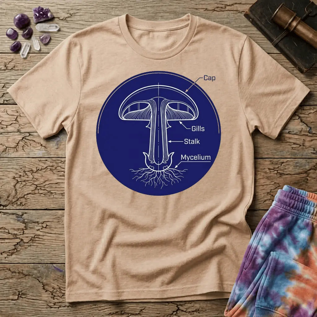 Vintage botanical diagram labeling a mushroom's cap, gills, stalk and mycelium in white linework on navy, on a unisex t-shirt