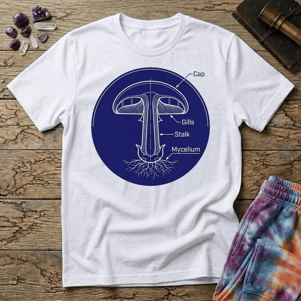 Vintage botanical diagram labeling a mushroom's cap, gills, stalk and mycelium in white linework on navy, on a unisex t-shirt