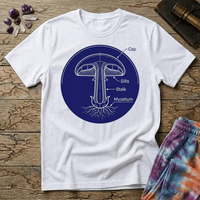 Vintage botanical diagram labeling a mushroom's cap, gills, stalk and mycelium in white linework on navy, on a unisex t-shirt