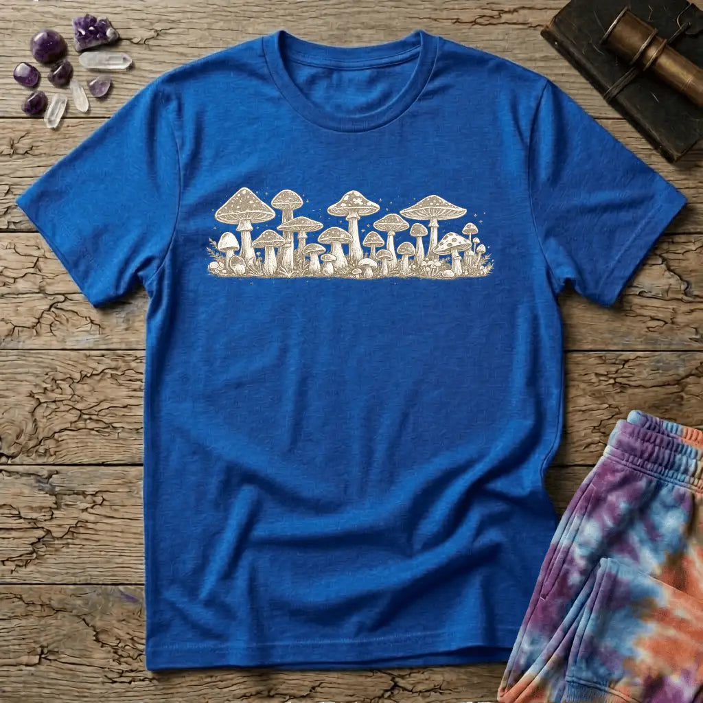 Naturalist cluster of mushrooms of varying caps and heights in fine cream linework, on a unisex t-shirt