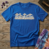 Naturalist cluster of mushrooms of varying caps and heights in fine cream linework, on a unisex t-shirt