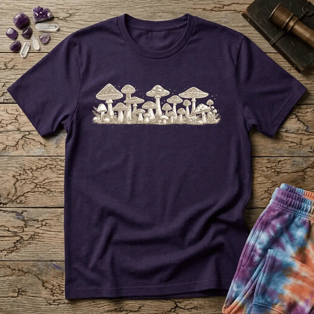 Naturalist cluster of mushrooms of varying caps and heights in fine cream linework, on a unisex t-shirt