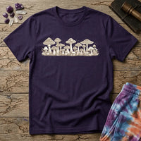 Naturalist cluster of mushrooms of varying caps and heights in fine cream linework, on a unisex t-shirt
