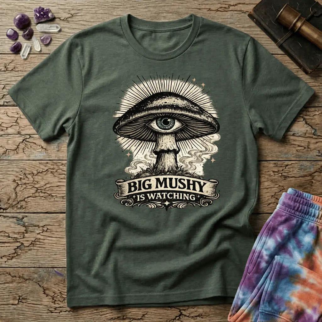 Big Mushy Is Watching psychedelic mushroom design, on a unisex t-shirt