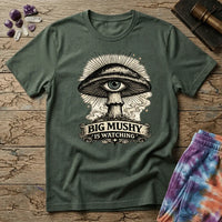 Big Mushy Is Watching psychedelic mushroom design, on a unisex t-shirt
