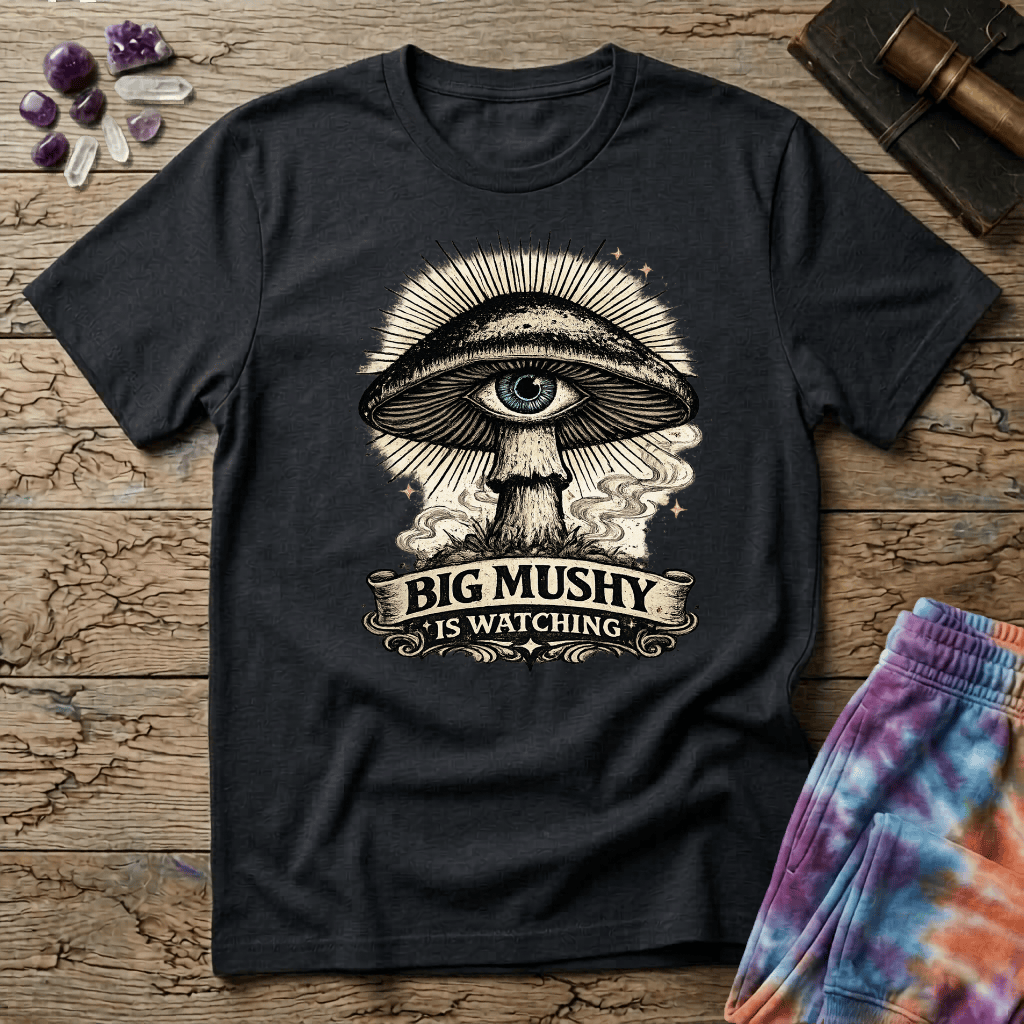 Printify T-Shirt Big Mushy Is Watching T-Shirt Mushroom Magic Mushroom T-Shirt