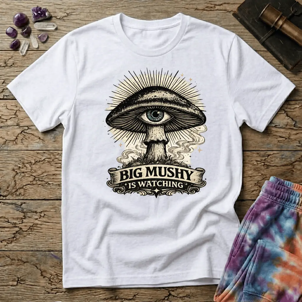 Big Mushy Is Watching psychedelic mushroom design, on a unisex t-shirt
