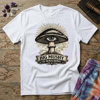 Big Mushy Is Watching psychedelic mushroom design, on a unisex t-shirt