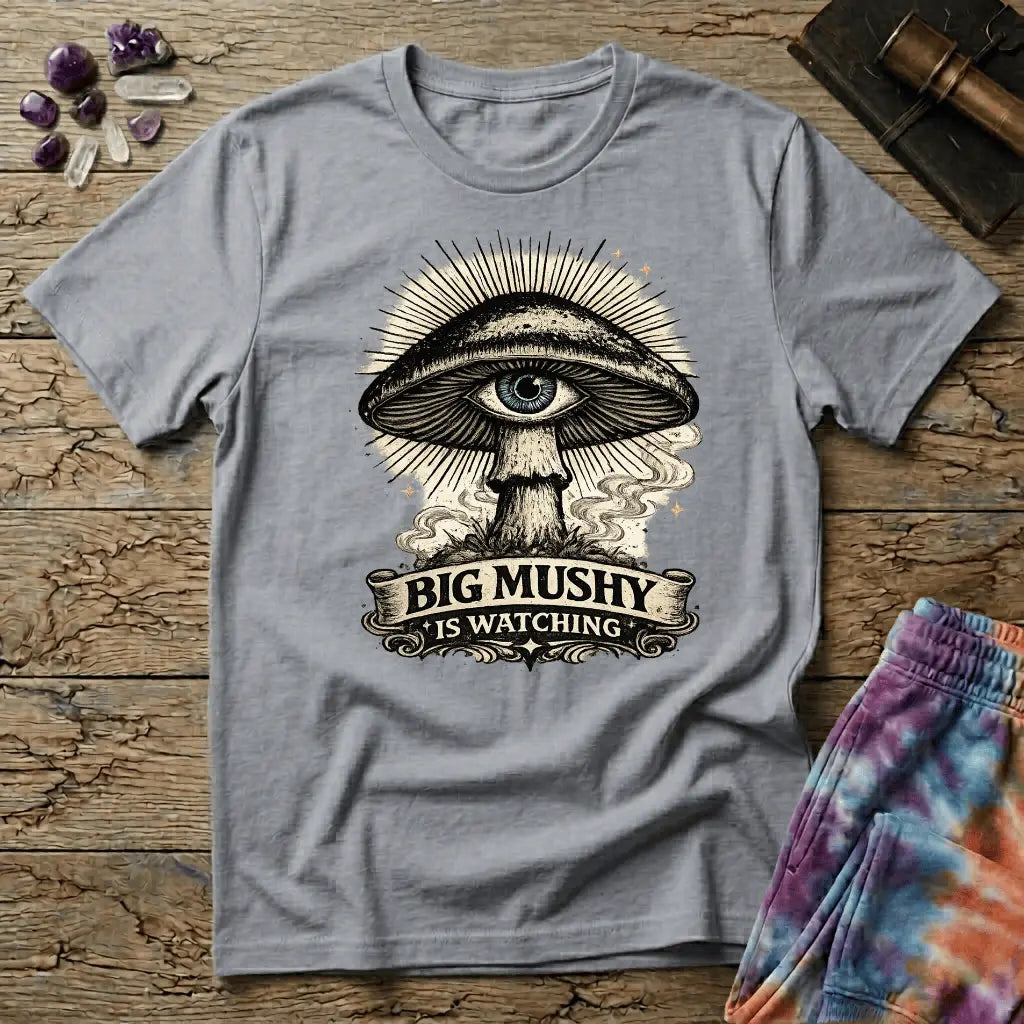 Big Mushy Is Watching psychedelic mushroom design, on a unisex t-shirt