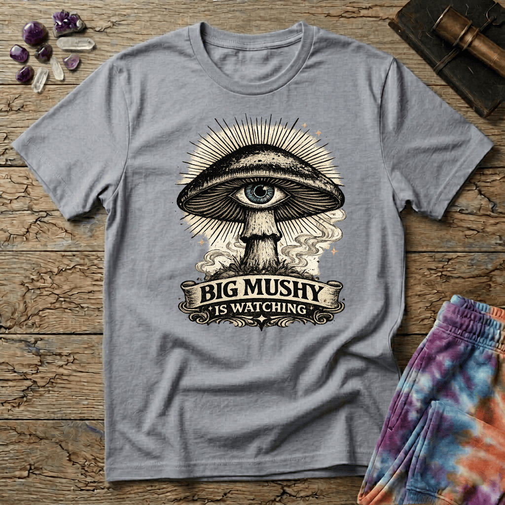 Printify T-Shirt Big Mushy Is Watching T-Shirt Mushroom Magic Mushroom T-Shirt