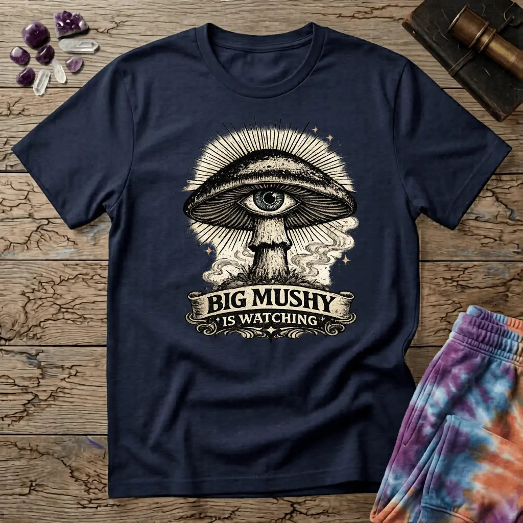 Big Mushy Is Watching psychedelic mushroom design, on a unisex t-shirt