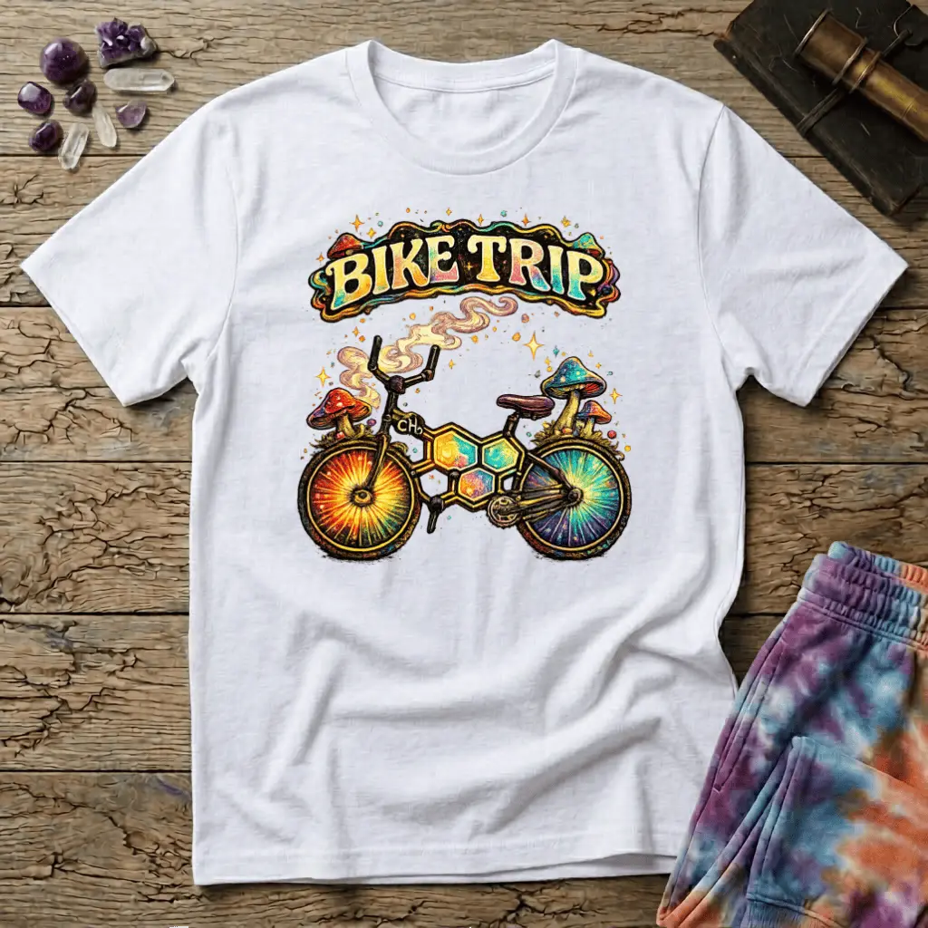 Rainbow bicycle built from molecular hexagons with mushrooms on the handlebars and sunburst wheels, on a unisex t-shirt