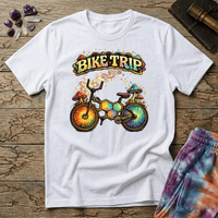 Rainbow bicycle built from molecular hexagons with mushrooms on the handlebars and sunburst wheels, on a unisex t-shirt