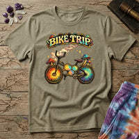 Rainbow bicycle built from molecular hexagons with mushrooms on the handlebars and sunburst wheels, on a unisex t-shirt