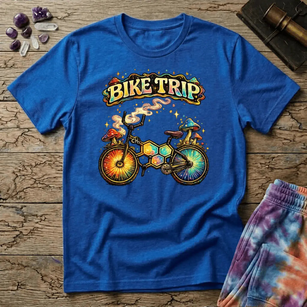 Rainbow bicycle built from molecular hexagons with mushrooms on the handlebars and sunburst wheels, on a unisex t-shirt