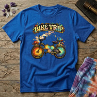 Rainbow bicycle built from molecular hexagons with mushrooms on the handlebars and sunburst wheels, on a unisex t-shirt
