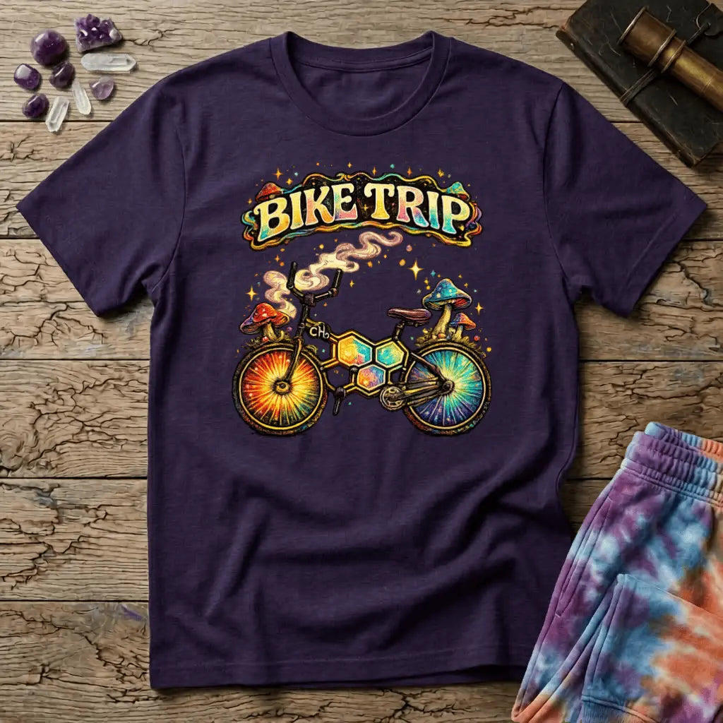 Rainbow bicycle built from molecular hexagons with mushrooms on the handlebars and sunburst wheels, on a unisex t-shirt